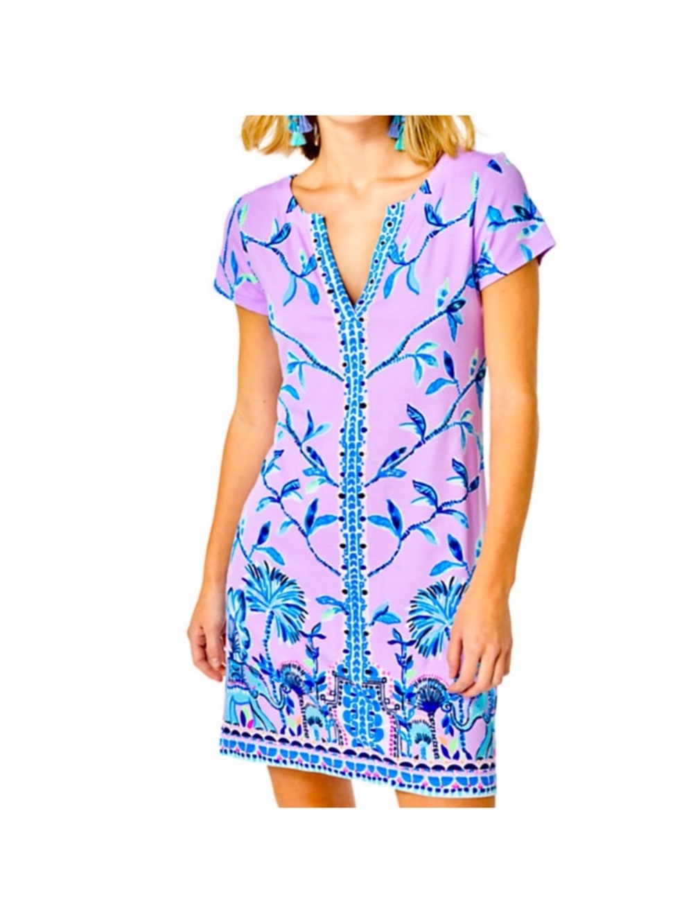 Lilly Pulitzer Lavender Shift Dress with Blue Botanical & Elephant Print